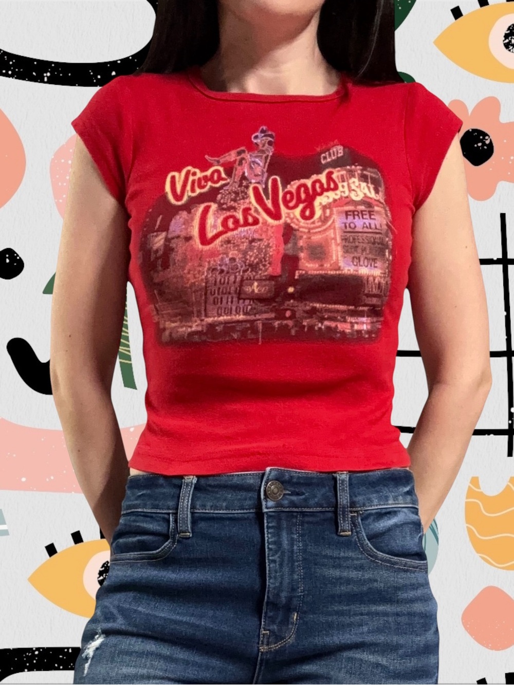 Self Esteem | Y2K Red Las Vegas Graphic Print Short Sleeve Cropped Baby Tee